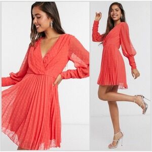 ASOS‎ DESIGN Orange Polka Dot Pleated V Neck Long Sleeve Mini Dress Size 12